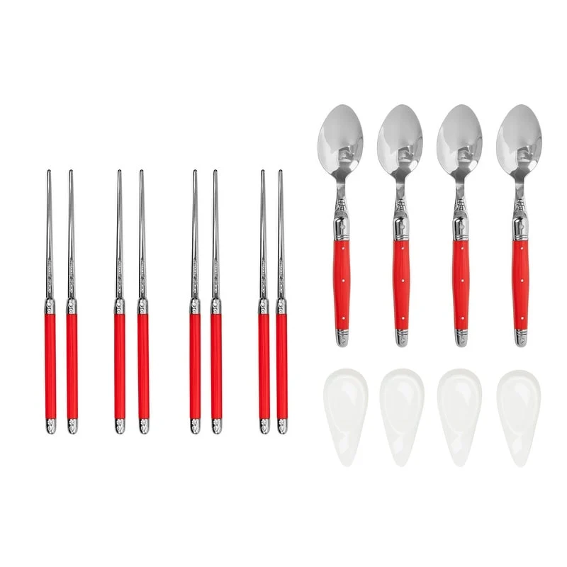 French Home Red Chopsticks, Laguiole Spoons and Ceramic Rests, Set of 4 Pairs