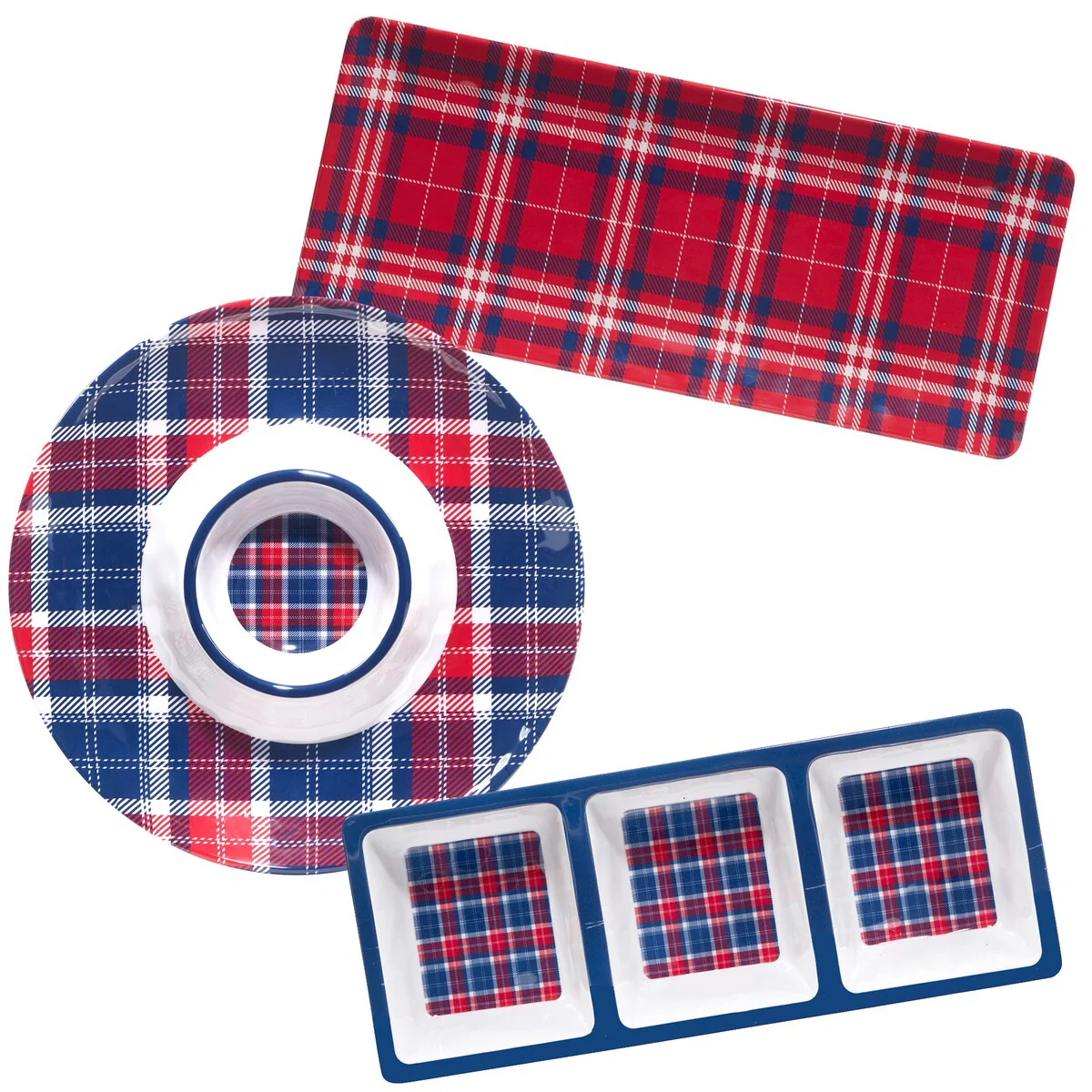 Certified International Patriotic Plaid Melamine 3 Piece Hostess Servware Set