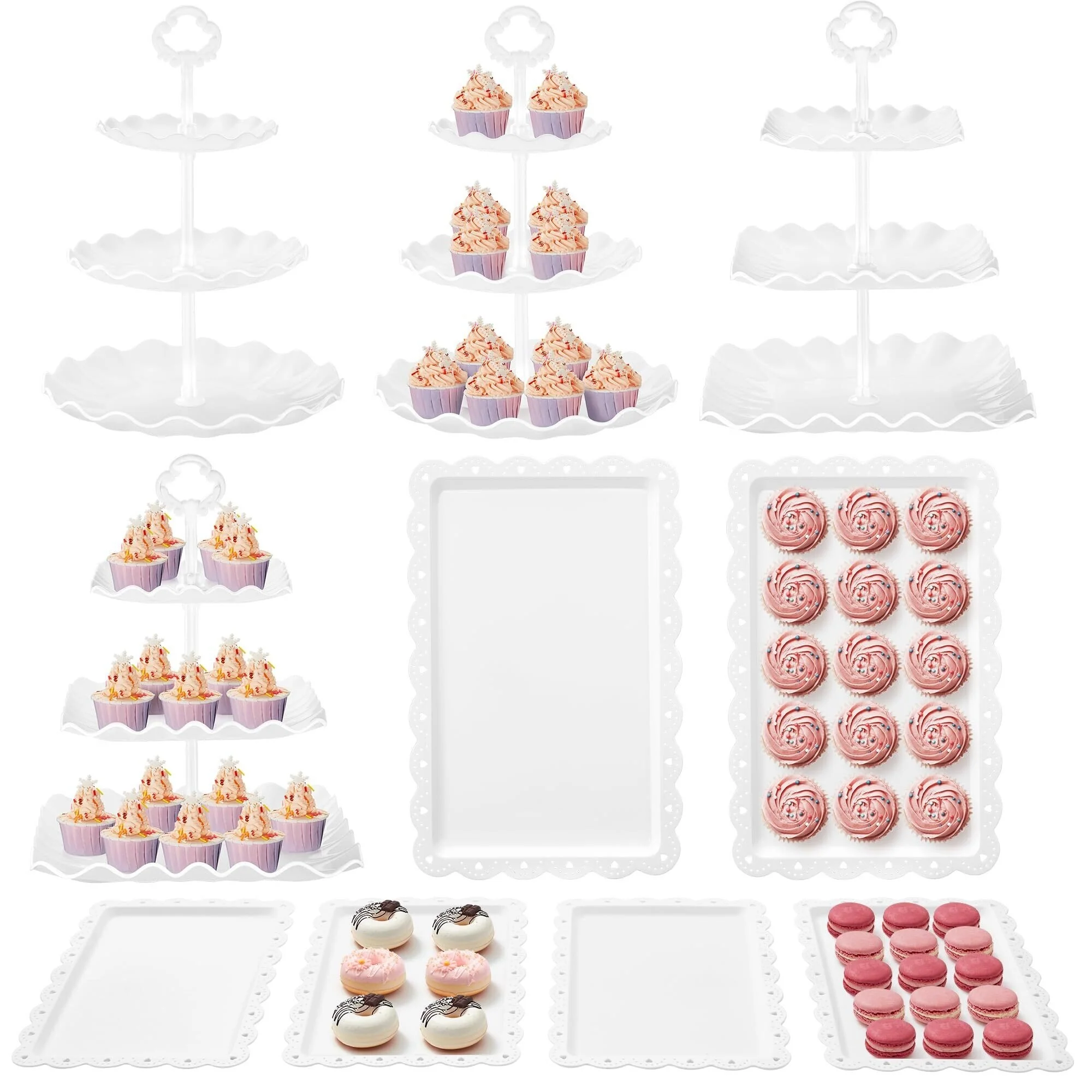 10pcs Dessert Table Display Set, 3 Tiered Cup Cake Holder Tower Stand & Cookie Serving Trays