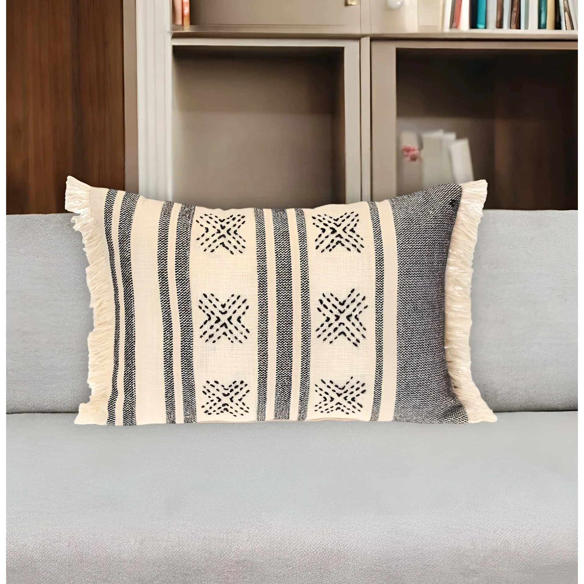 HomeRoots 14" X 20" Beige and Black Southwestern Cotton Throw Pillow With Fringe