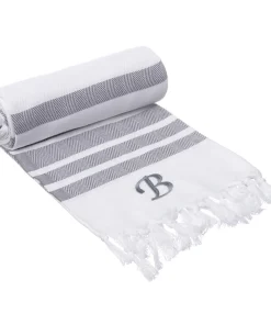 Authentic Grey Bold Stripe Pestemal Fouta Turkish Cotton Bath/ Beach Towel with Monogram Initial