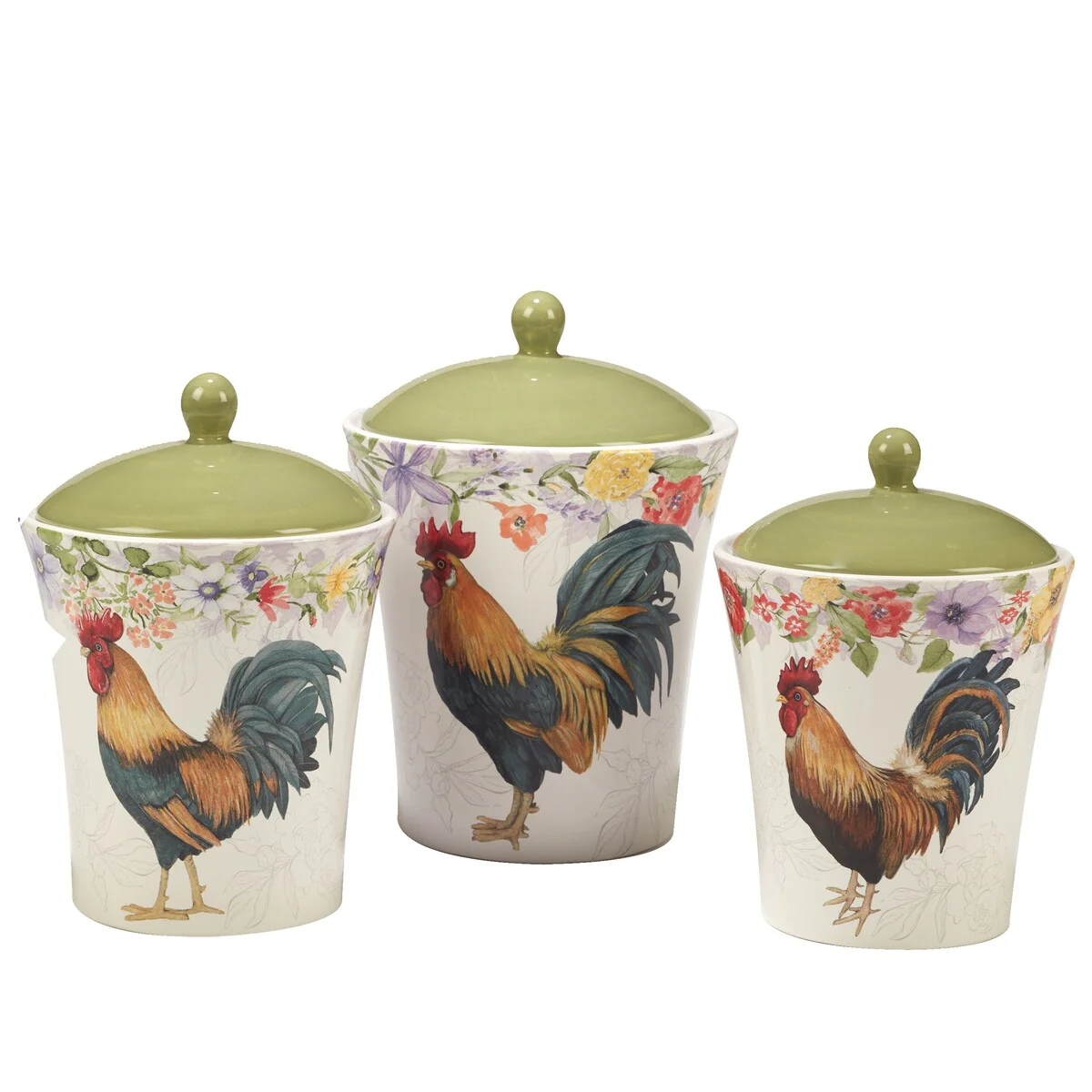 Certified International Floral Rooster 3 piece Canister Set, 54 oz., 72 oz., 104 oz. - 54 oz., 72 oz., 104 oz.