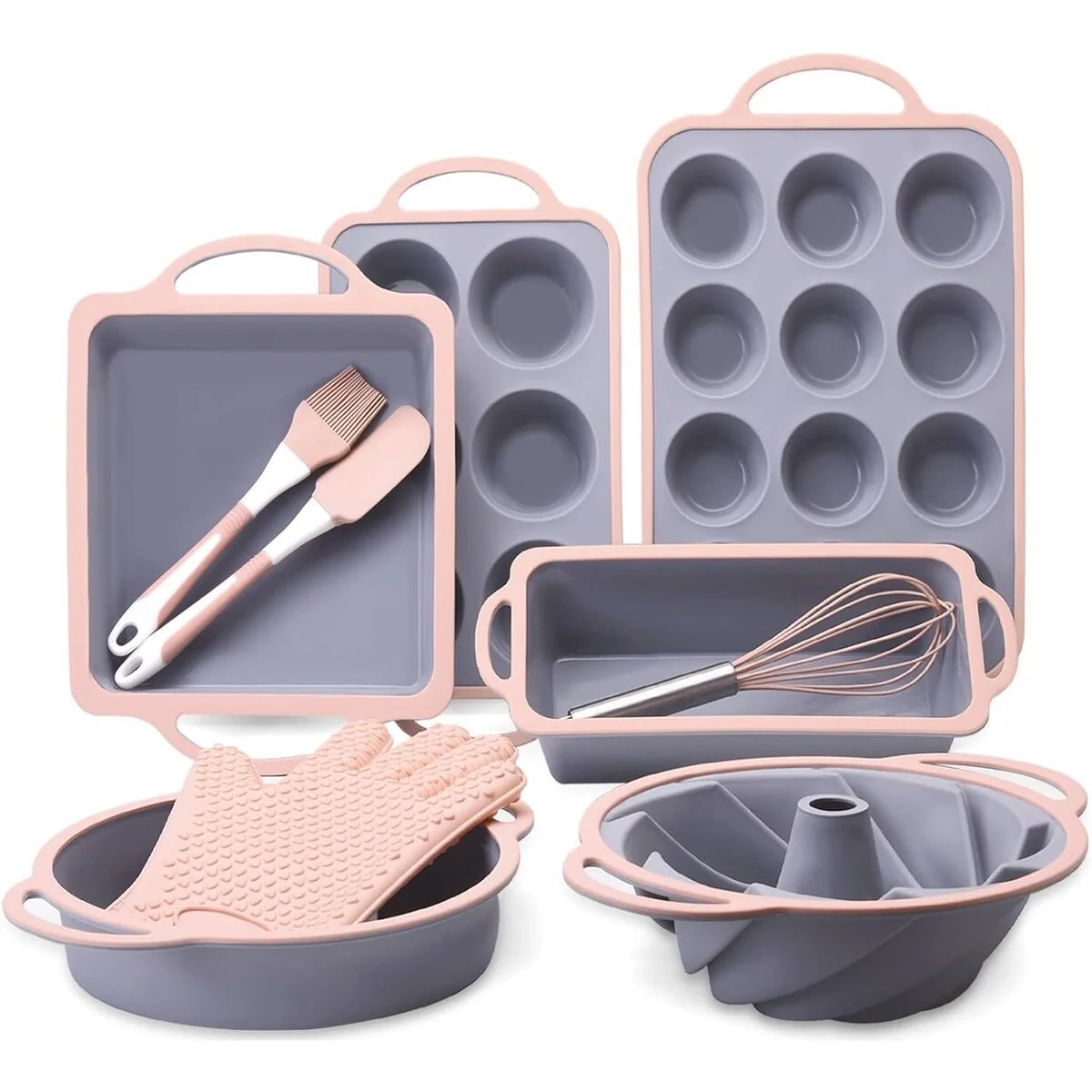 10in1 Silicone Baking Pans Set, Baking Set, Bundt Cake Pan Set Muffin Pan with Silicone Spatulas Pastry Brush Oven Mitts Whisk