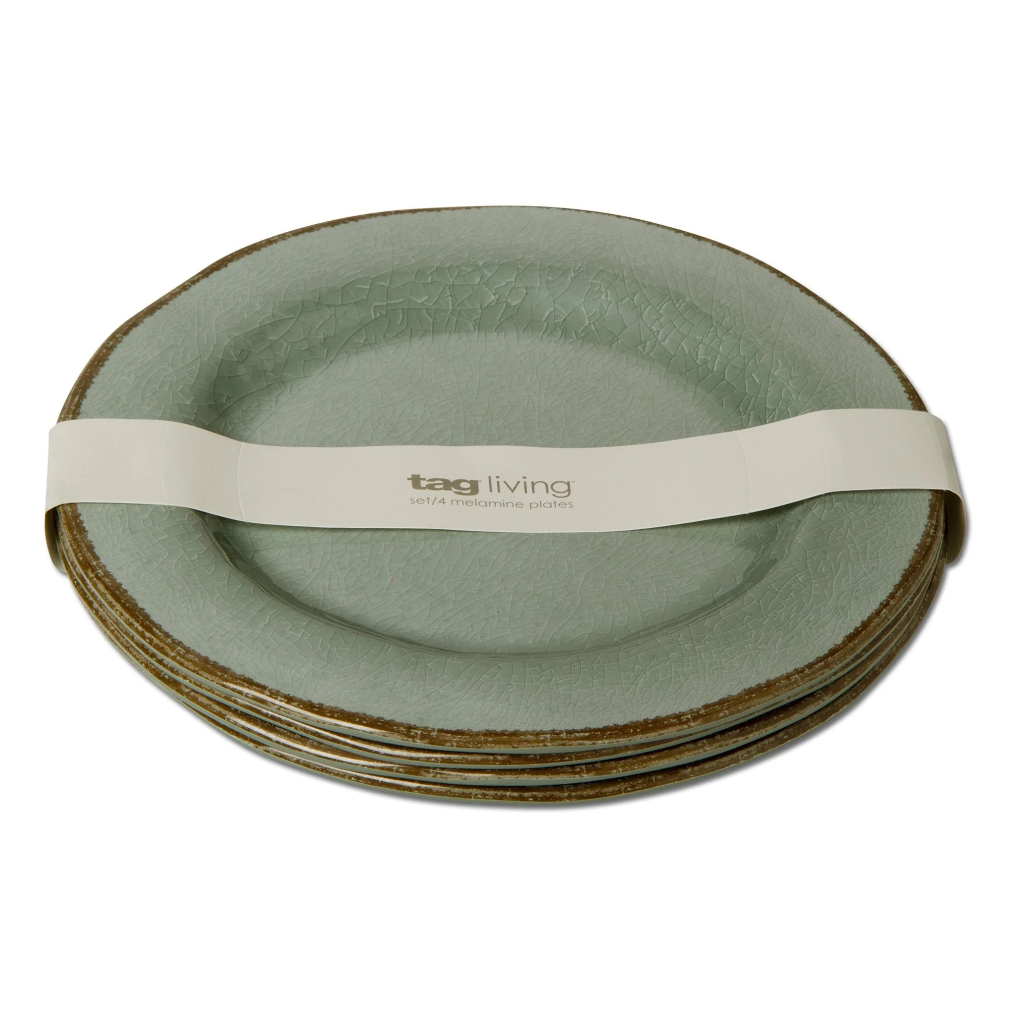 11 in. Veranda Cracked Glazed Solid Melamine Plastic Dinnerware Plates Set of 4 Dishwasher Safe Indoor Outdoor Round Green
