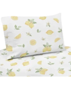 Lemon Floral 3-piece Twin Sheet Set - Yellow Green White Watercolor Boho Bohemian Farmhouse Fruit Flower Blossom Botanical Leaf