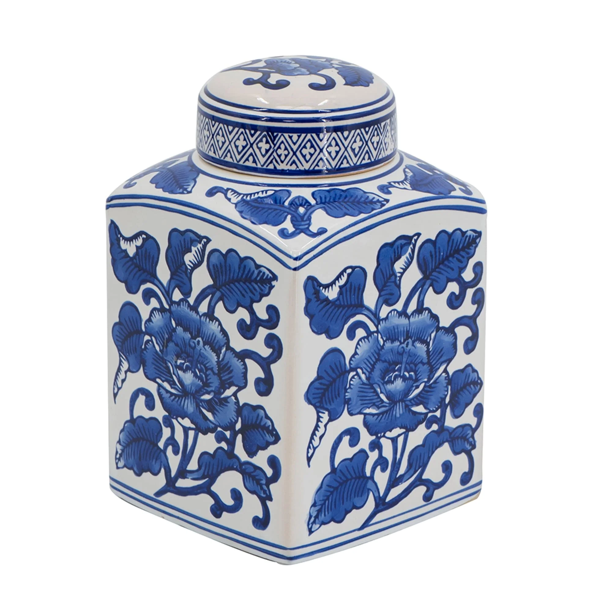 Hand Painted Floral Square Canister - 9" - Blue and White