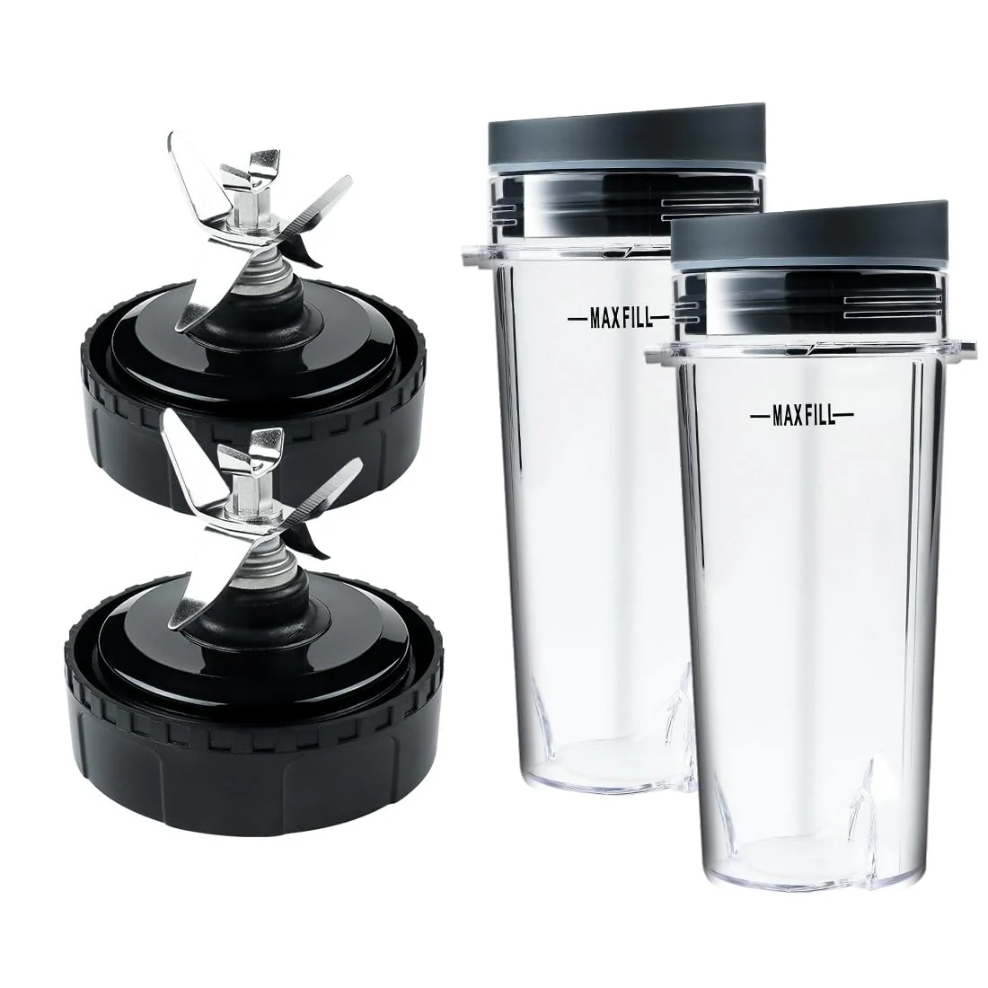 2 Pack 6 Fins Blender Blade Assembly and Single Serve 16 oz Cups Replacement Parts Compatible Professional Smoothie Blender