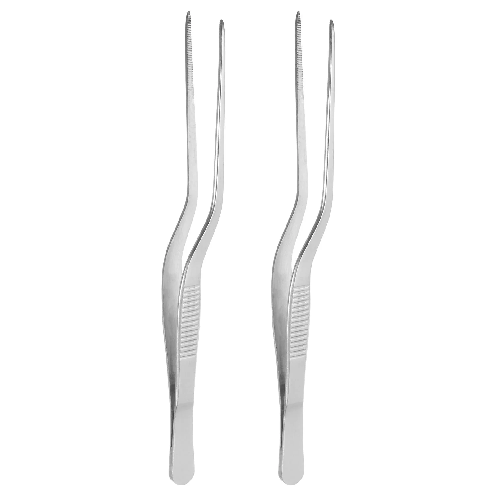2Pcs Offset Tweezer Tongs Stainless Steel Kitchen Cooking Precision Tweezer - Silver