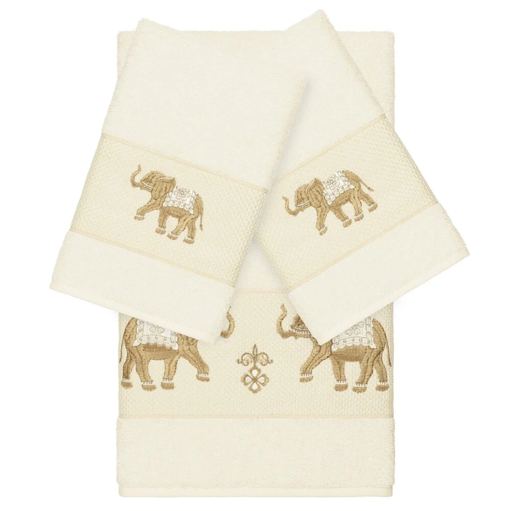 Authentic Hotel and Spa Turkish Cotton Elephants Embroidered Cream 3-piece Towel Set