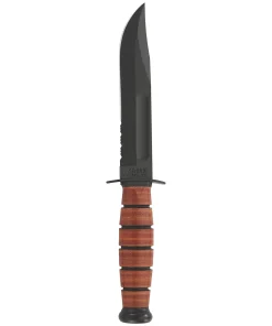 KA-BAR 5.25" Fixed Blade USMC Short Serrated Knife w/ Sheath - Brown