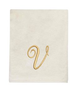 Avanti Linens Ivory/Gold Script Monogram Bath Towel Letter V - Bath Towel