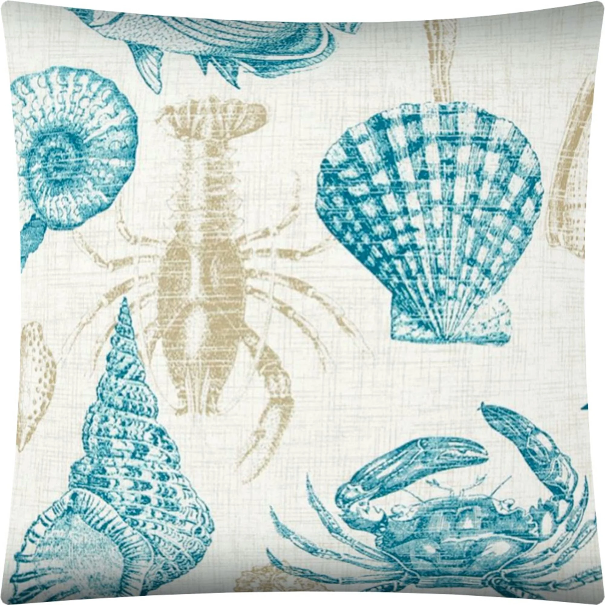 17" X 17" Teal Khaki And Ivory Seashells Zippered Polyester Coastal Throw Pillow Cover - Off-White