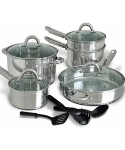 Daily Boutik 12-Piece Stainless Steel Cookware Set with Tempered Glass Lids - 15" x 16" x 22"