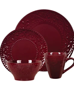 Lorren Home Trends 16 Piece Stoneware Scroll Dinnerware Set-Merlot