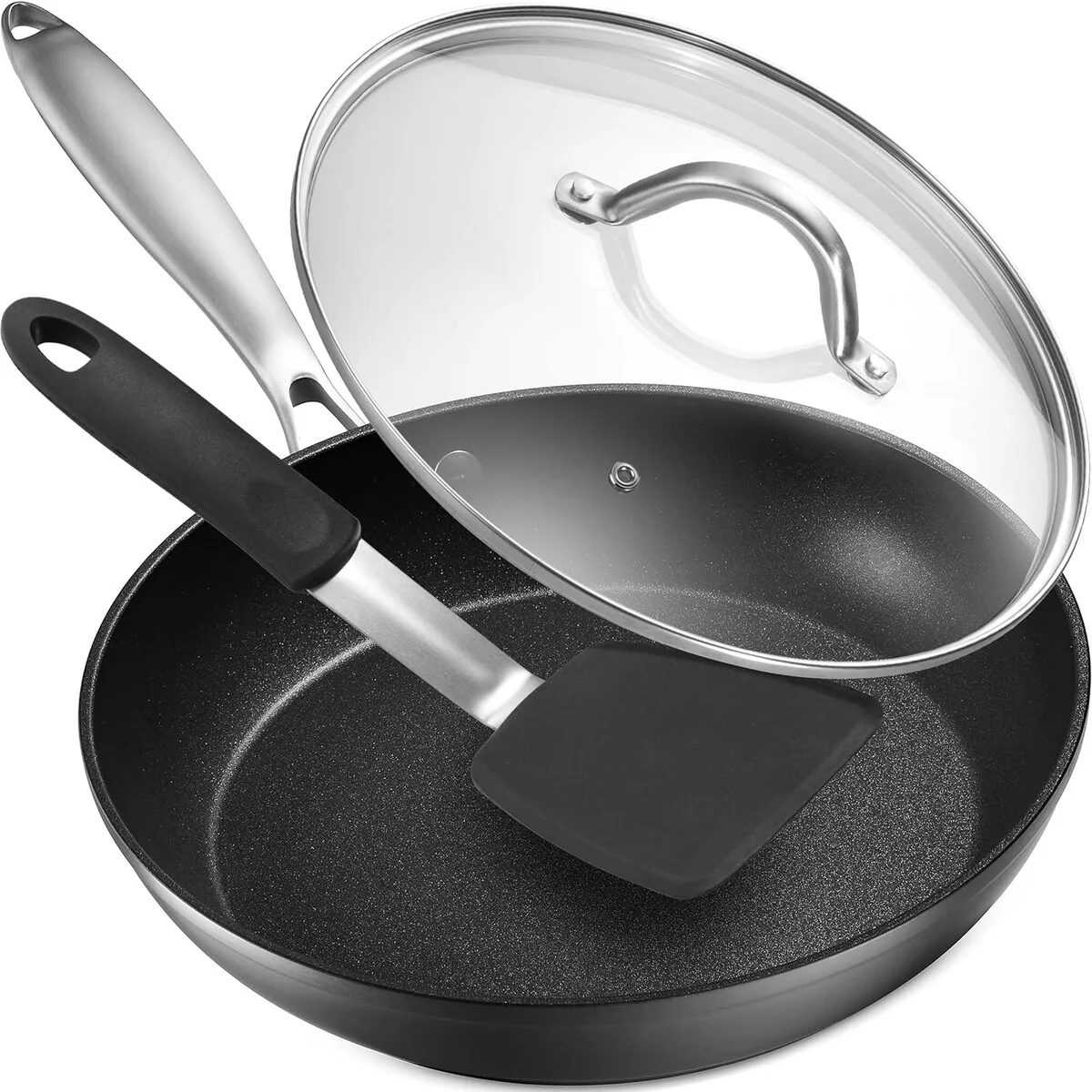 Frying pan with lid and spatula