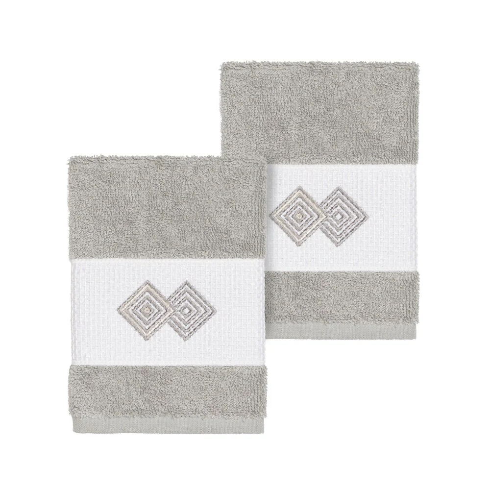 Authentic Hotel and Spa Turkish Cotton Diamonds Embroidered Light Grey 2-piece Washcloth Set