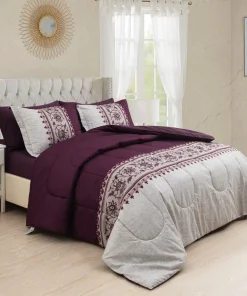 Bed in a Bag Soft Fluffy Goose Down Alternative Printed Comforter Set Includes Sheet Set, Modern Eggplant Aster Floral Pattern