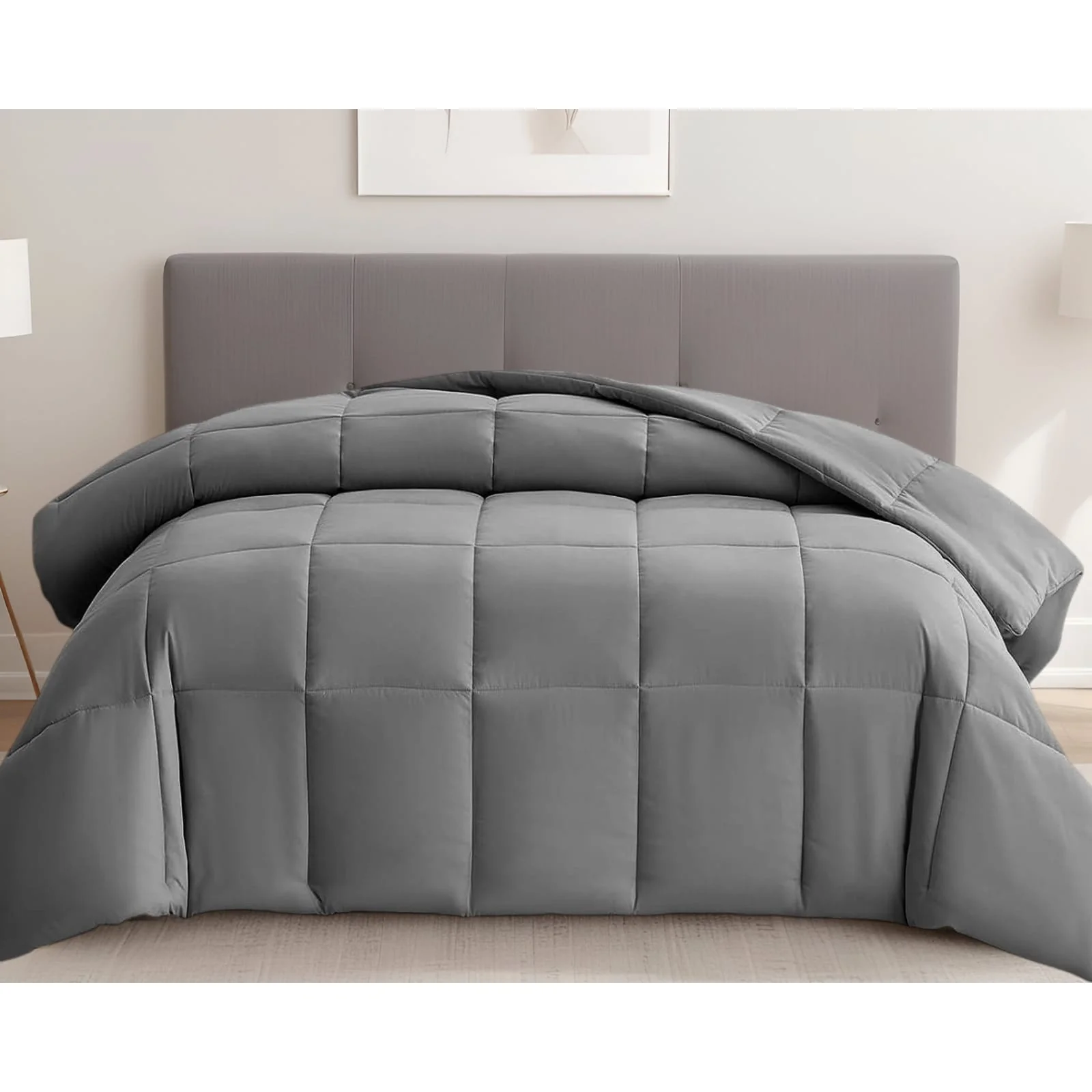Gray King Box Stitch Microfiber Down Alternative Comforter