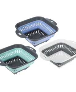 3pcs Silicone Folding Drain Basket Kitchen Vegetable Washing Basket - Grey+Green+Blue