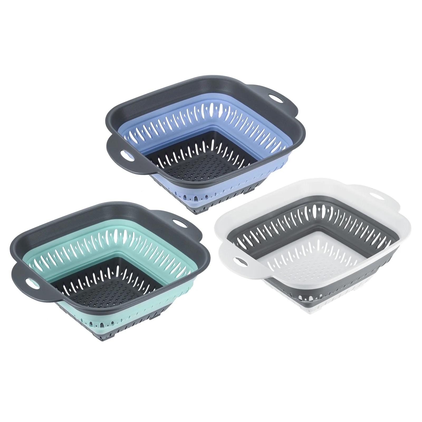 3pcs Silicone Folding Drain Basket Kitchen Vegetable Washing Basket - Grey+Green+Blue