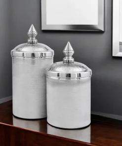 HomeRoots Set of Two Silver Aluminum Tweed Decorative Canisters - 11 x 4.5 x 4.5