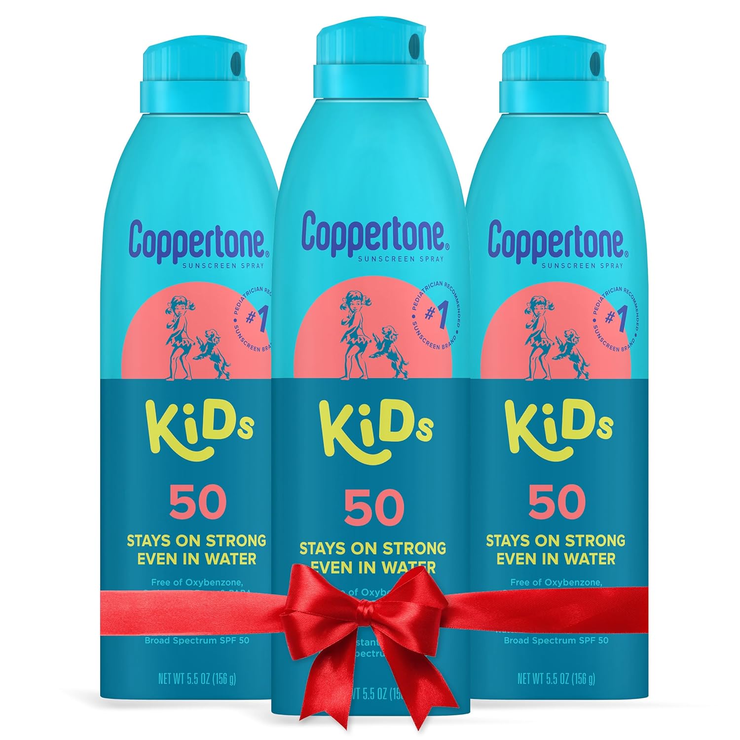 Coppertone Kids Sunscreen Spray SPF 50, Water Resistant Spray Sunscreen for Kids, Pediatrician Recommended Sunscreen Brand, Bulk Sunscreen SPF 50, 5.5 Oz Bottle, Pack of 3