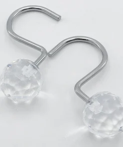 12 Piece Set - Clear Sphere Shower Curtain Hooks Rings Rustproof - Crystal Clear