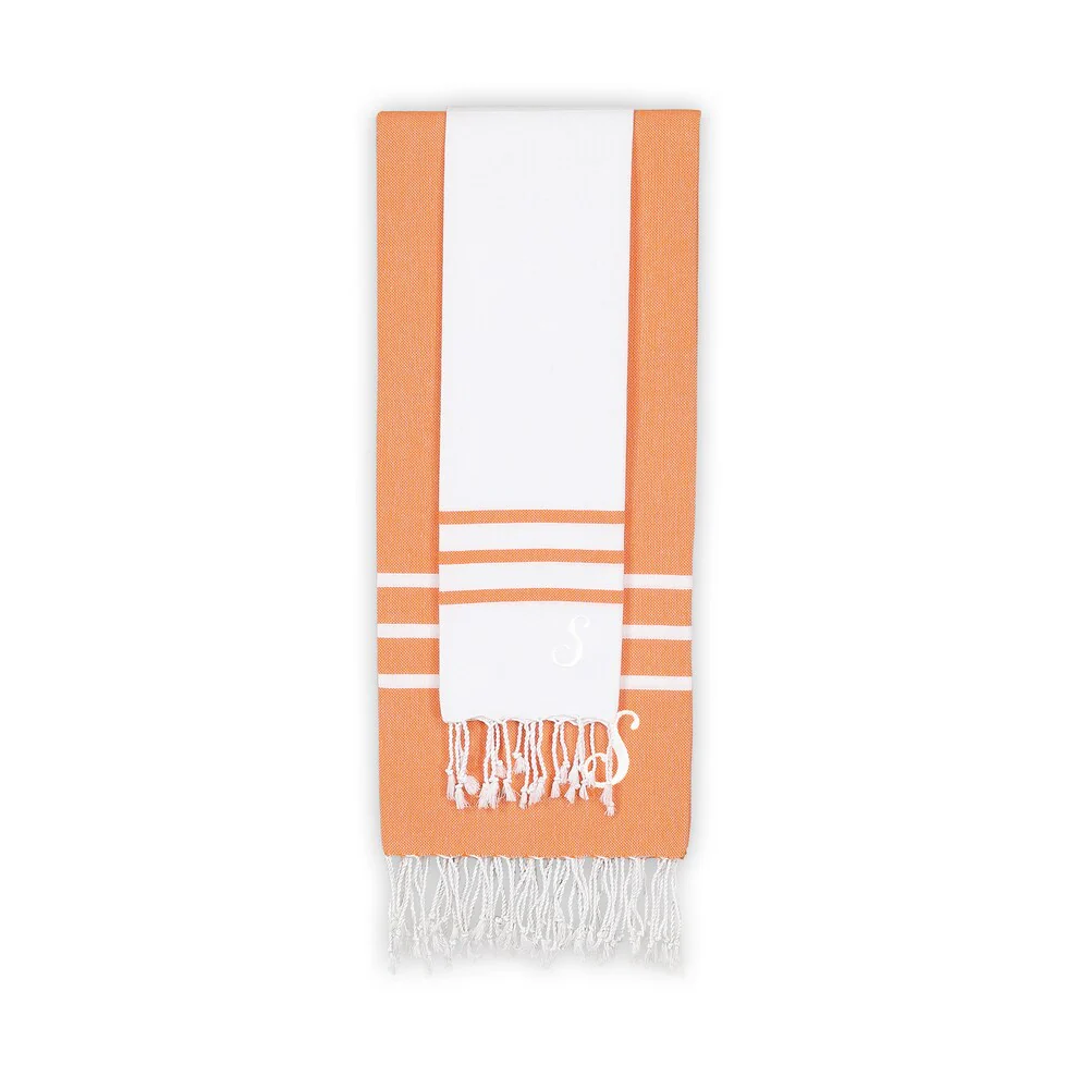 Authentic Ella White and Dark Orange Monogrammed Pestemal Fouta Turkish Cotton Beach and Head Towel Set