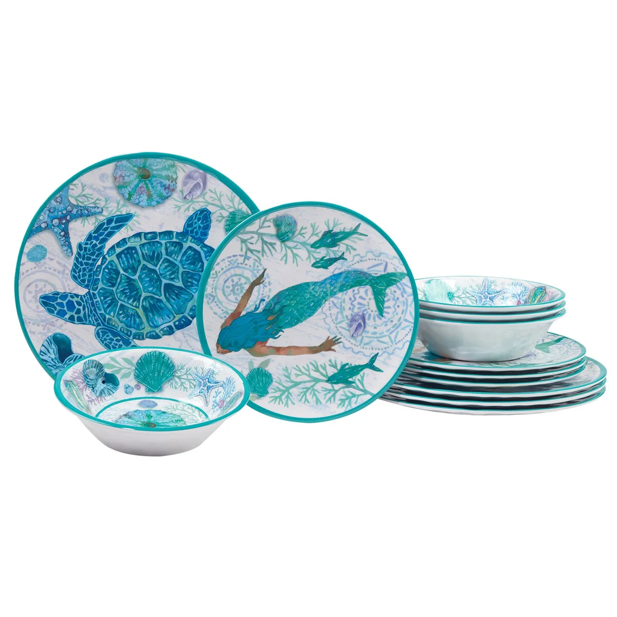 Certified International Serene Seas 12 Piece Melamine Dinnerware Set, Service For 4