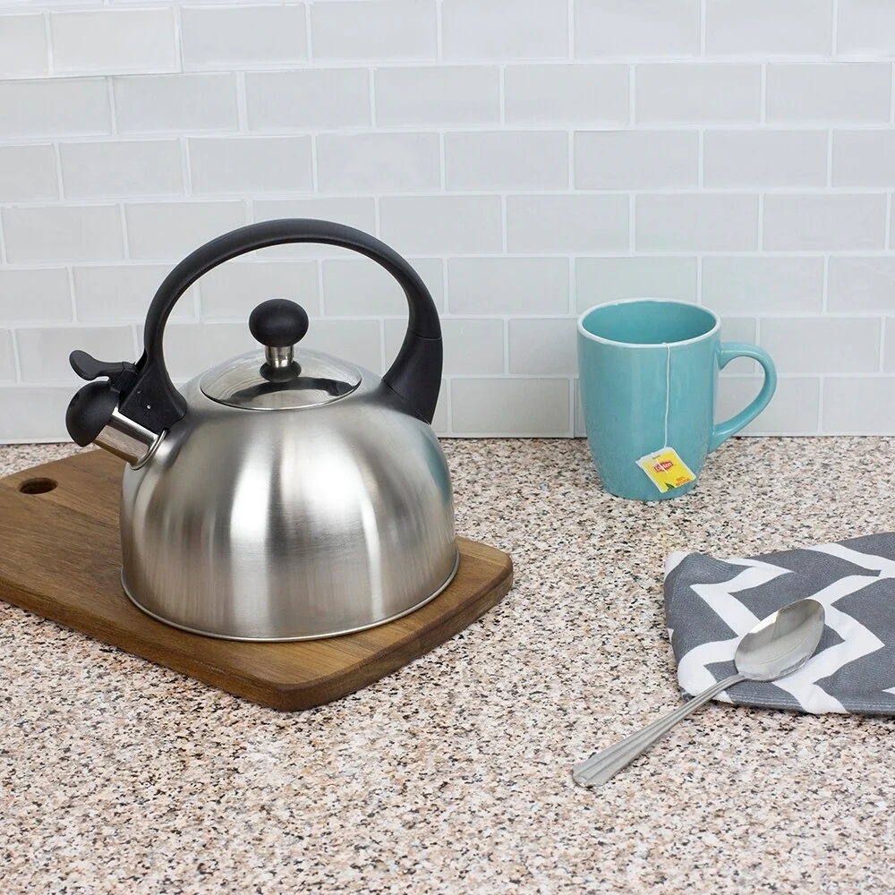 2.5 Liter Safe Pour Brushed Stainless Steel Whistling Tea Kettle, Silver