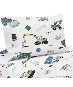Construction Truck Collection 3-piece Twin Sheet Set - Grey Yellow Black Blue and Green Transportation