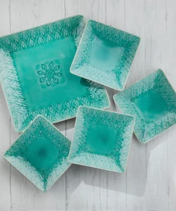 Euro Ceramica Peacock 5 Piece Square Serving Set in Lagoon