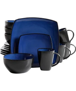 Gibson Elite Soho Lounge 16 Piece Plates, Bowls, & Mugs Dinnerware Set, Blue