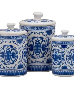 10 Strawberry Street Chinoiserie 3 Piece Canister Set, White/Blue