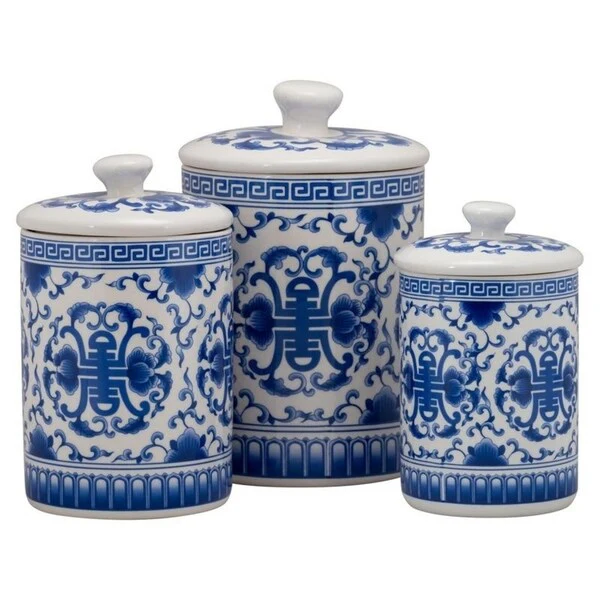 10 Strawberry Street Chinoiserie 3 Piece Canister Set, White/Blue