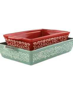 Laurie Gates 2Pc Tierra Wax Relief Stoneware Baker Set in Red and Mint