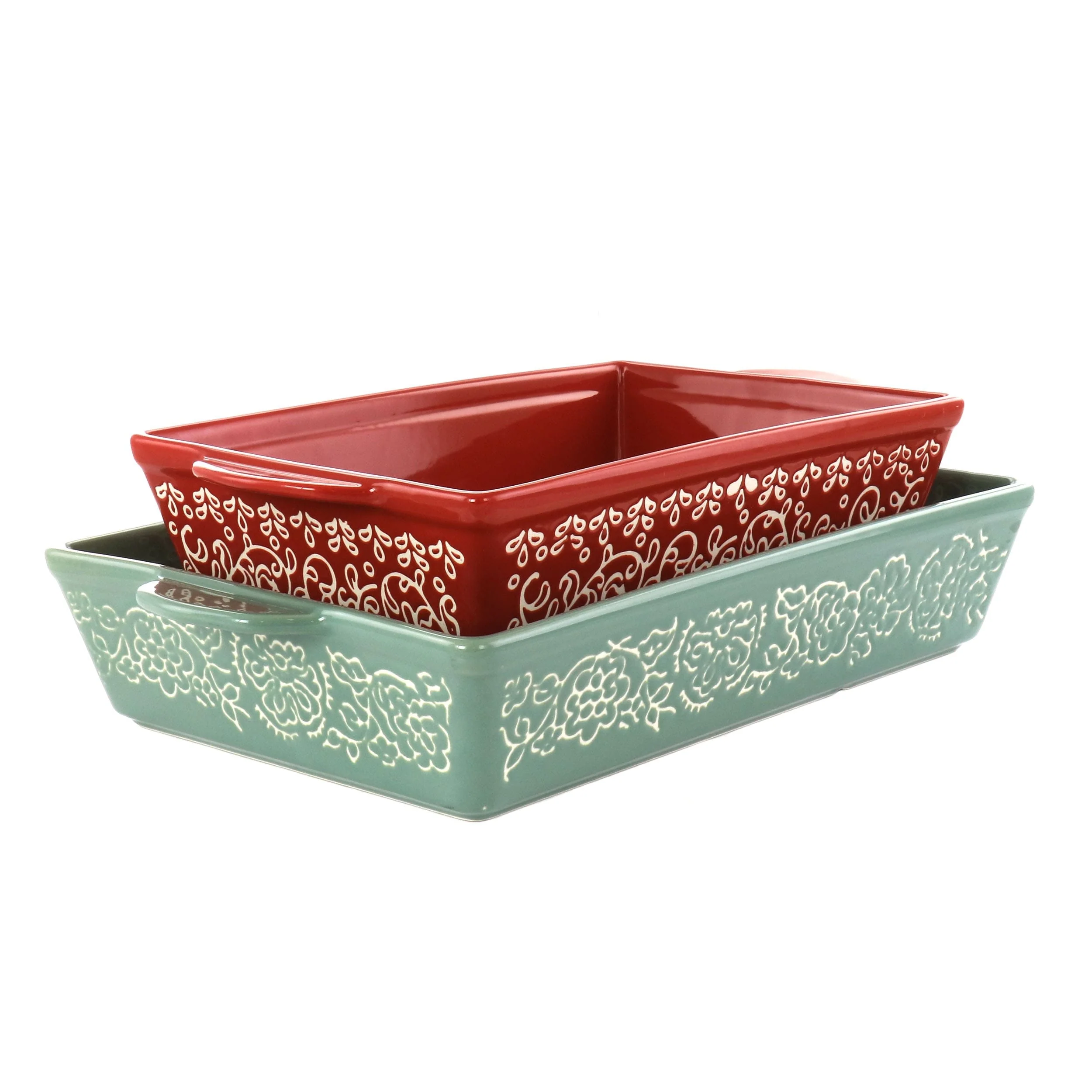 Laurie Gates 2Pc Tierra Wax Relief Stoneware Baker Set in Red and Mint