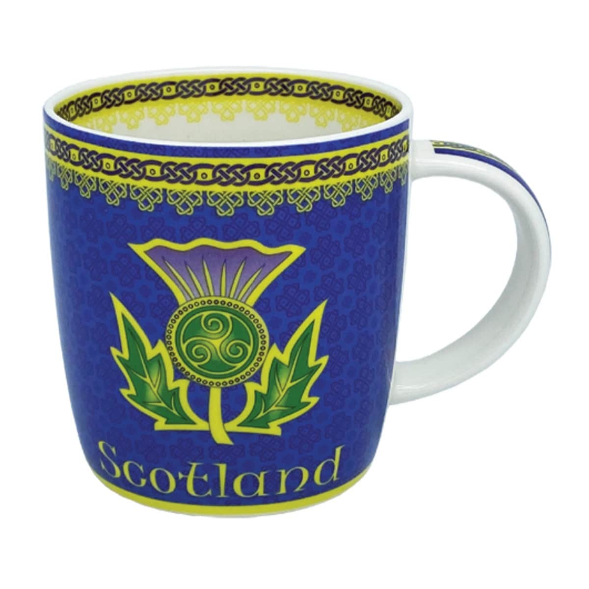 11 oz Multicolor Bone China Celtic Coffee Mug with Thistle Knotwork and Spiral Motif