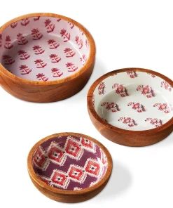 Jasmine Wood & Enamel Bowl, Set of 3 - Multicolor