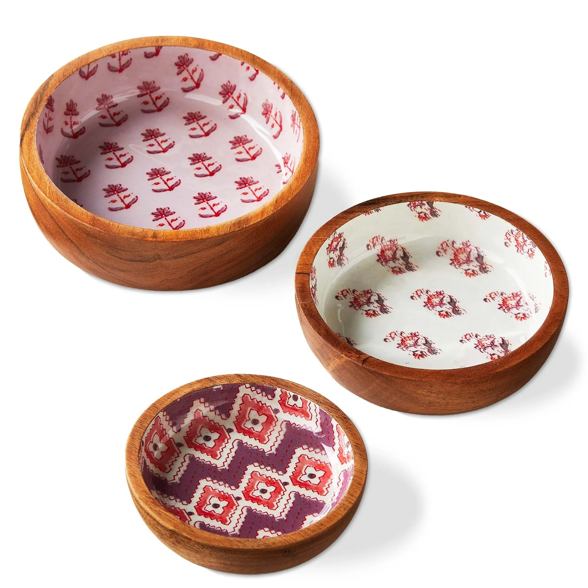 Jasmine Wood & Enamel Bowl, Set of 3 - Multicolor