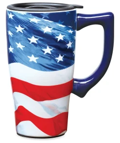 American Flag Double-Walled Ceramic Travel Mug, 18oz. - 5.25 x 6.5 x 3.38