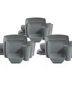 Gibson Home 16 Piece Square Dinnerware Set Plates, Bowls, & Cups, Grey (3 Pack)