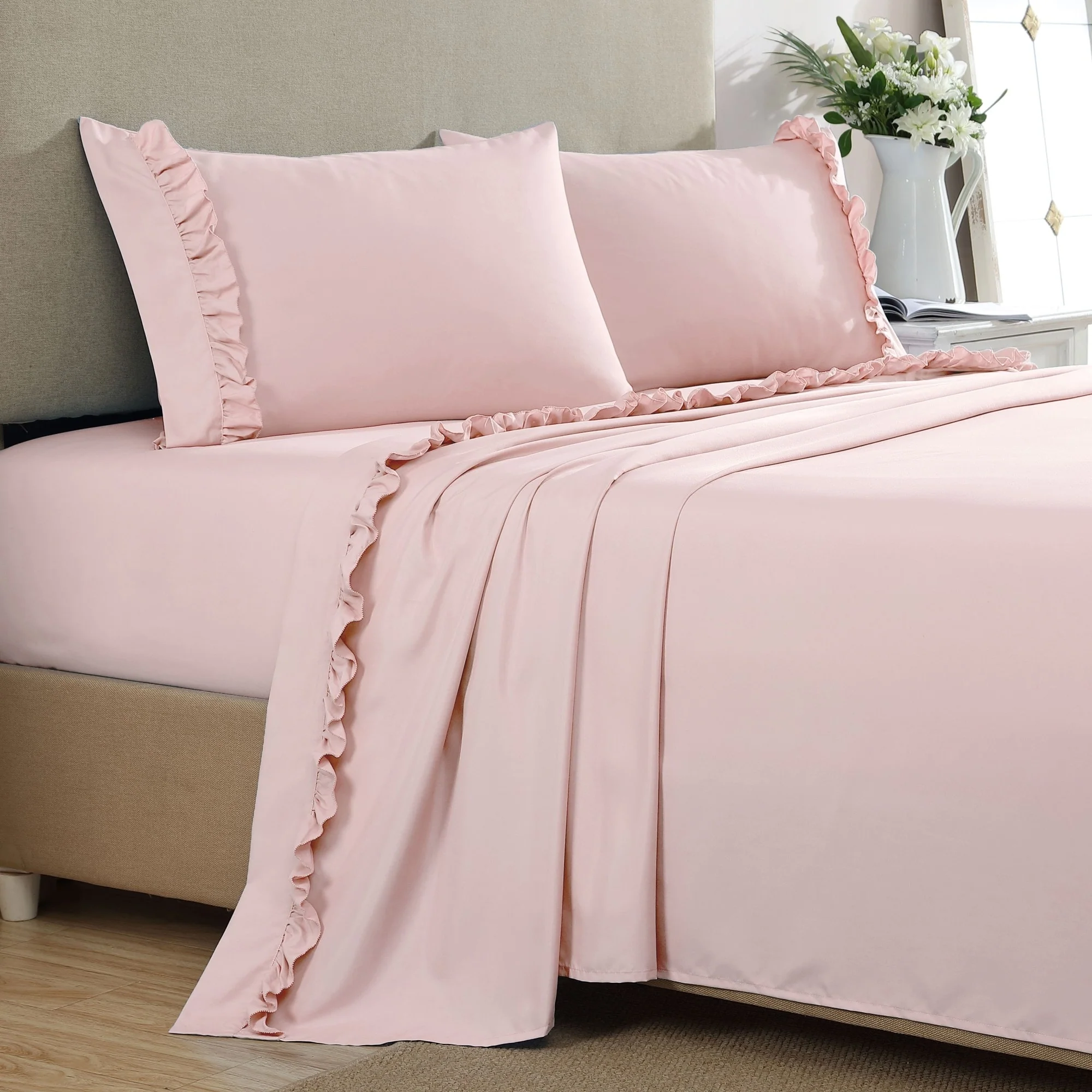 Home Essential Luxurious Silky Ruffle Hem Microfiber Bedding Sheet Set