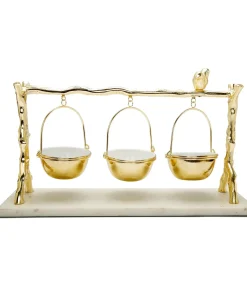 3 Hanging Bowls on Gold Branch and Marble Base