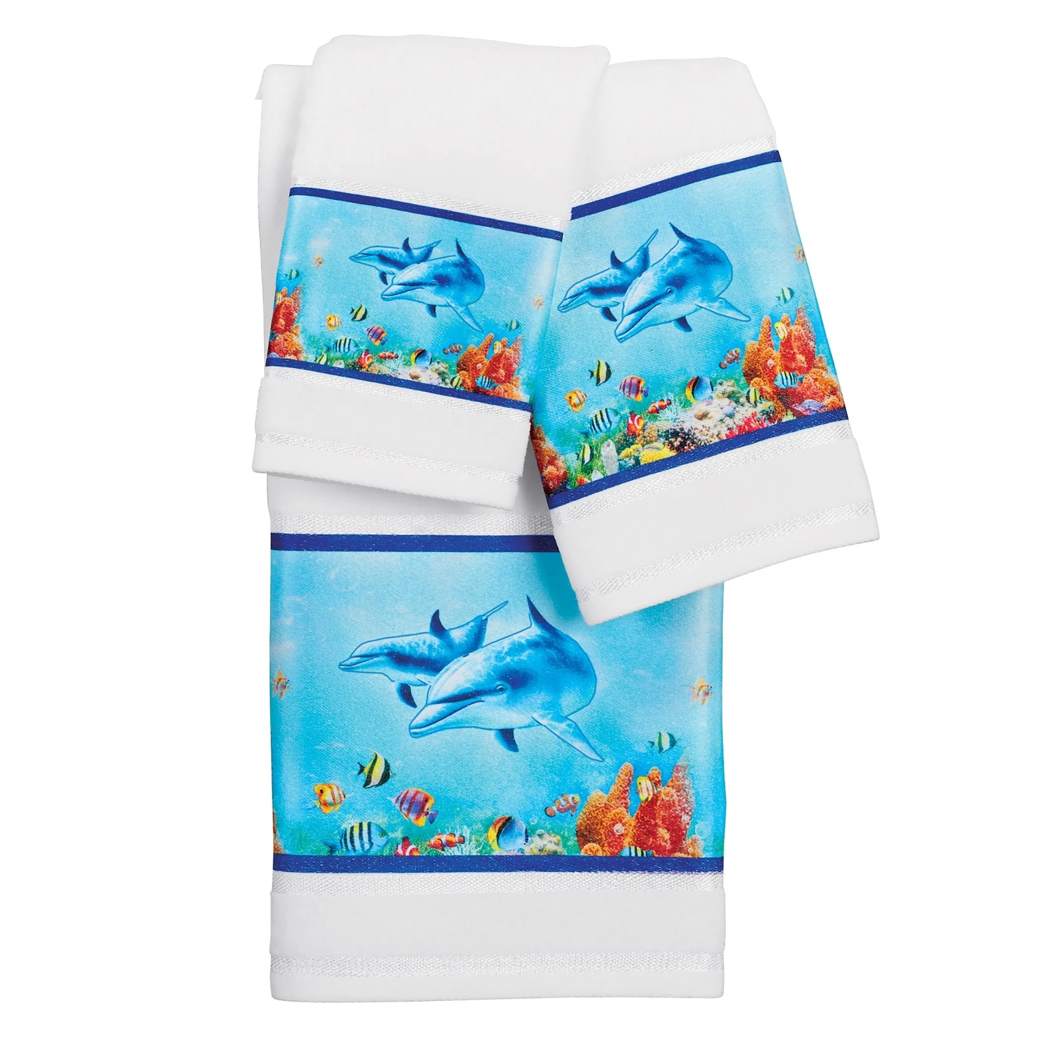 3-Piece Dolphins and Tropical Fish Bath Towel Set - 12.250 x 7.500 x 2.000