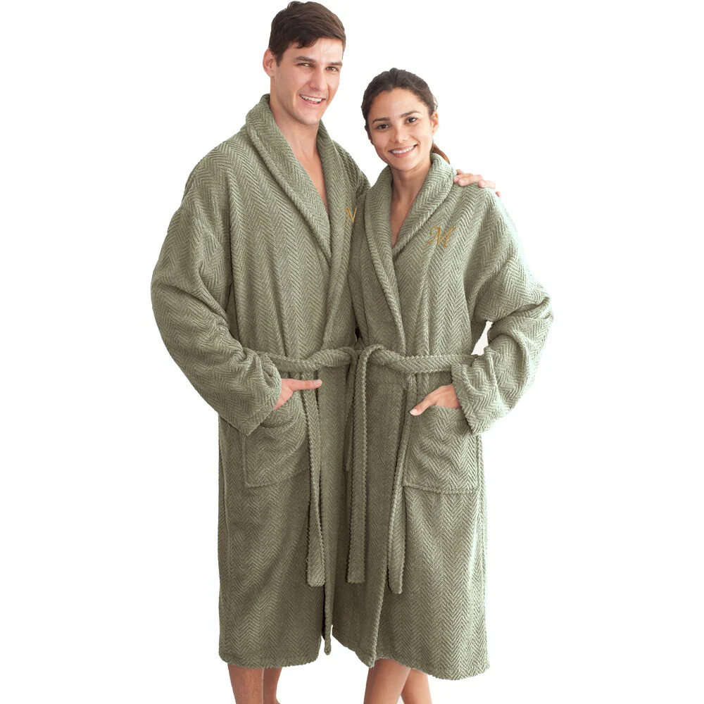 Authentic Hotel and Spa Sage Green with Monogrammed Herringbone Weave Turkish Cotton Unisex Bath Robe