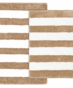 Beach Stripe Tan/White Washable Bathroom Rug Set