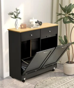 Erommy Tilt Out Trash Cabinet, Wooden Kitchen Trash Can Free Standing Waste Bin, Recycling Hideaway Garbage Can Holder