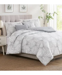 5 Pc Damask Printed Comforter Set Grey