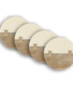 Dainty Home Wood And White Resin Designed Round Coaster Set of 4 - 4" Round